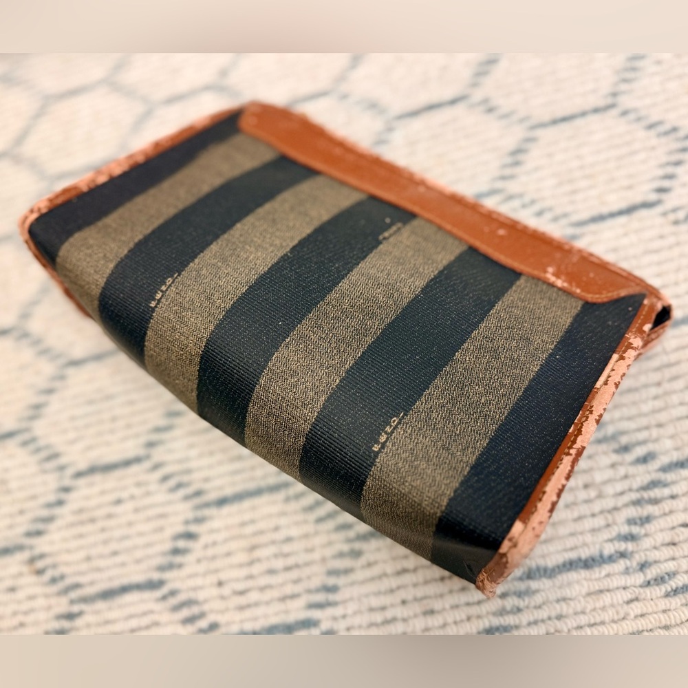 FENDI Vintage Classic Brown Canvas Leather Pequin Striped Logo Clutch Pouch - Picture 8 of 16